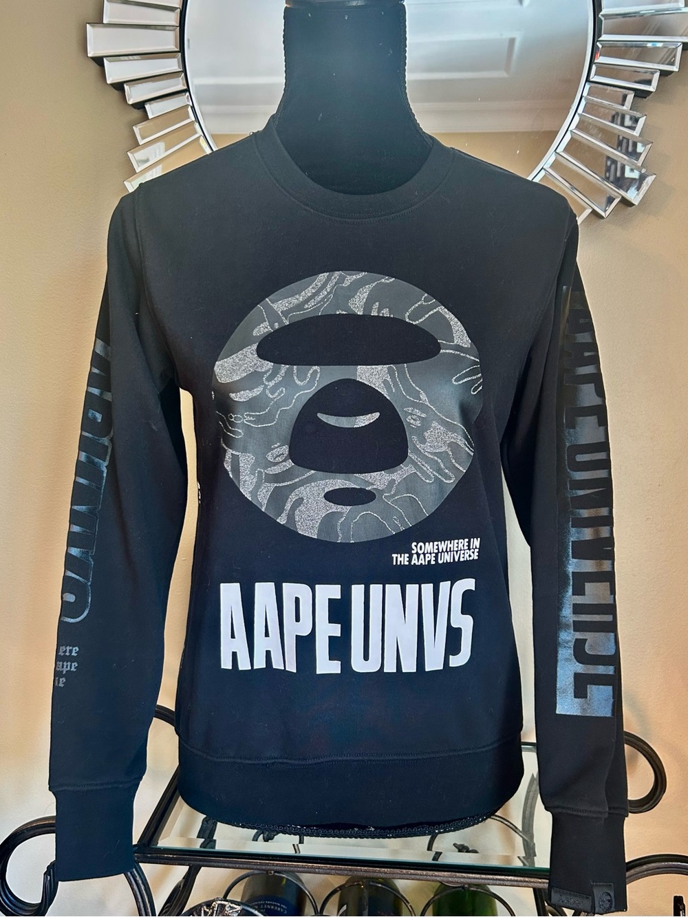 AAPE UNVS Men's Black Graphic Crewneck Sweatshirt